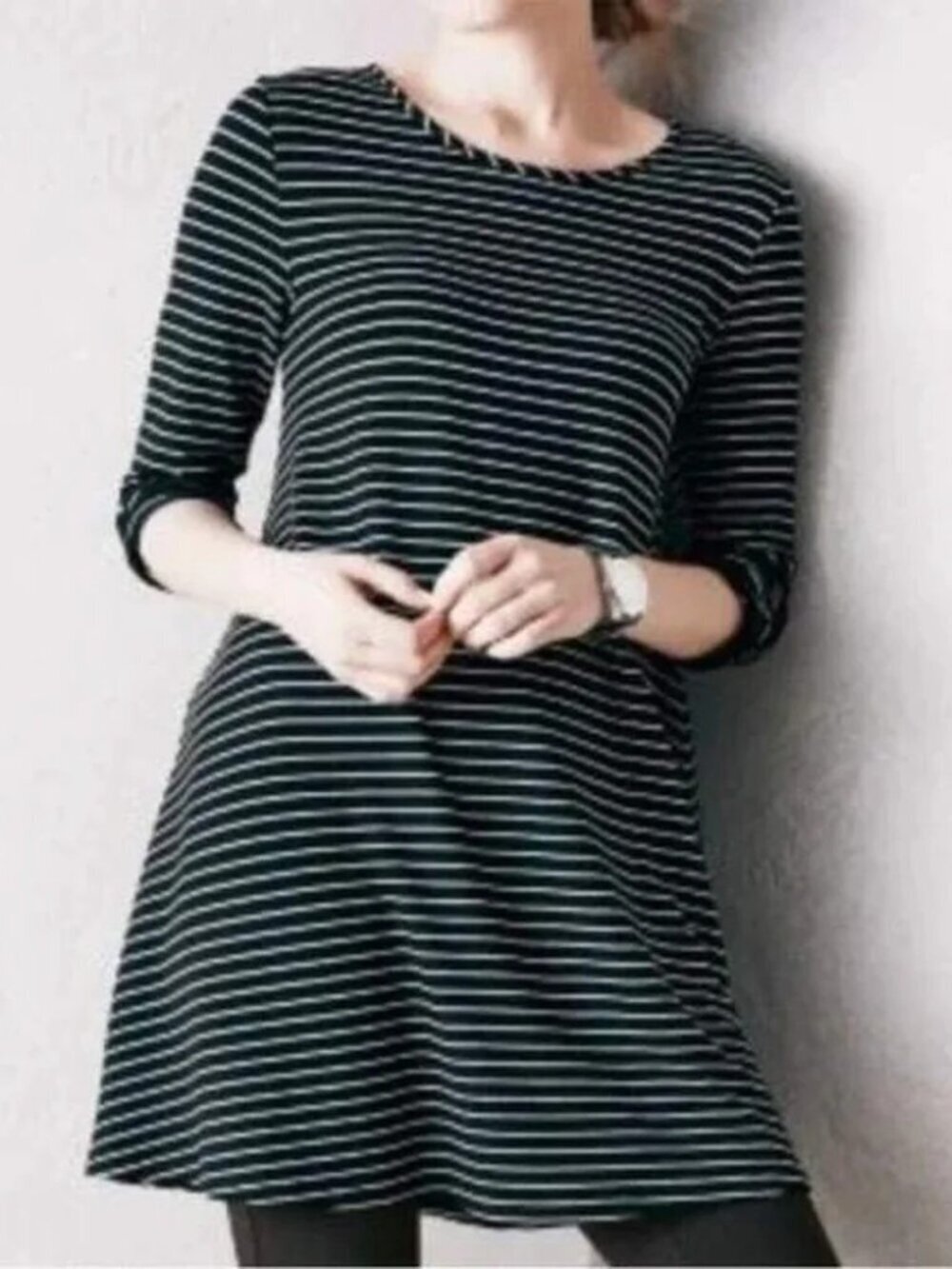 Garnet Hill Women's Size Small Black Striped Ruched Sleeve Viscose Blend Tunic